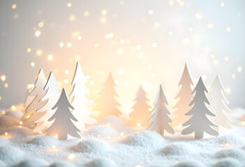 Wall Mural - cozy Christmas scene featuring paper cutout trees surrounded by soft snow and warm lights creates magical atmosphere