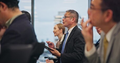 Aufkleber - Employees, japanese conference and office for team building, audience listening and workshop. Business people, seminar and group of staff for training presentation, wow and feedback for development