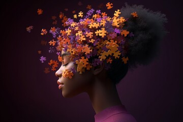 Wall Mural - Womans silhouette with colorful puzzle pieces scattered in her afro hair symbolizing individuality mental puzzles and self discovery within diverse cultural contexts