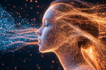 Poster - Silhouette of a woman with glowing orange and blue particles flowing from her head symbolizing mental freedom thought transformation and the interplay of imagination and emotion