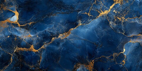 Poster - A textured blue marble surface with golden veins, suitable for backgrounds or design.