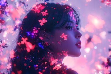 Poster - Female face illuminated by glowing pink and purple floral patterns symbolizing creative thought individuality and the fusion of imagination and emotional transformation