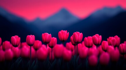 Poster - Pink Tulips at Sunset: A field of vibrant pink tulips bloom in the foreground, their delicate petals bathed in the warm glow of a setting sun.