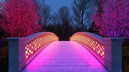 Illuminated Bridge Pathway: A majestic stone bridge adorned with intricate carvings, bathed in enchanting pink and purple hues, invites you to traverse a magical journey.