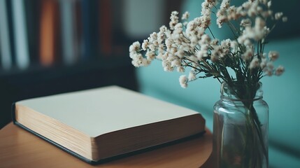 Sticker - White Flowers in a Vase Beside a Closed Book