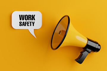 Poster - Yellow Megaphone with Work Safety Sign Speech Clouds Chat Bubble. 3d Rendering