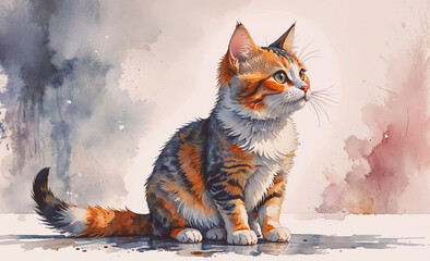 Poster - A cat is sitting on a table with its head tilted to the side. The cat is orange and white with black stripes. The image has a calm and peaceful mood, as the cat appears to be relaxed and content