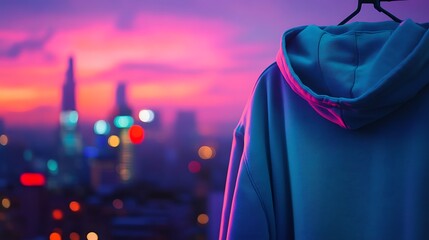 Sticker - Blue Hoodie Against Vibrant City Sunset Skyline