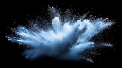 Poster - Abstract blue powder explosion on a black background, showcasing dynamic movement and texture.