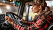 © Leo Rohmann - Woman in a red plaid shirt driving a truck symbolizing resilience empowerment and the integration of tradition and innovation in rural farming