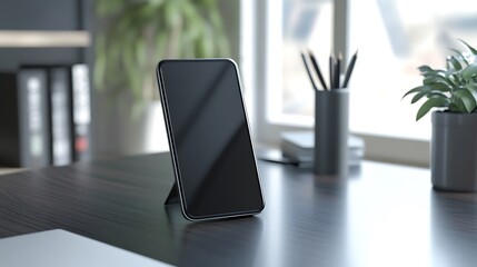 Wall Mural - black smartphone stands on modern wooden desk