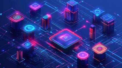 Poster - Neon Cityscape Illustrating Digital Infrastructure Networks