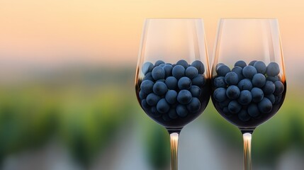 Sunset Vineyard Grapes: Two wine glasses filled with ripe, dark-purple grapes, set against a blurred background of a vineyard at sunset.