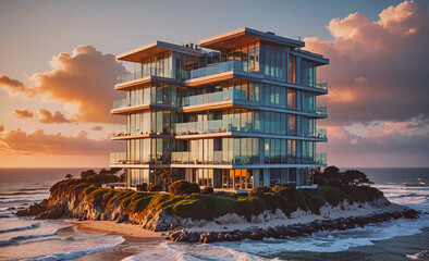 Poster - A large building with a lot of windows is on a small island in the ocean. The building is surrounded by water and has a beautiful view of the ocean
