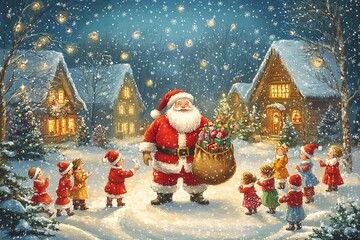 Wall Mural - Funny happy kid taking gift from bag of Santa Claus. holidays, christmas, childhood