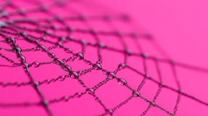 Delicate Dewdrops on a Spiderweb: A close-up view of a spiderweb adorned with shimmering water droplets,  the intricate details of the web are illuminated against a vibrant pink backdrop.  