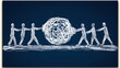 © Leo Rohmann - Silhouettes holding a large circular object connected by ropes symbolizing collaboration problem solving and teamwork in a conceptual design