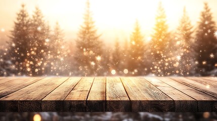 A warm and inviting Christmas card design featuring a wooden table top in the foreground, with blurred glowing Christmas trees in the background and ample copy space