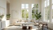 © chesleatsz - Modern living room with a white couch, two chairs, a coffee table, and large windows.