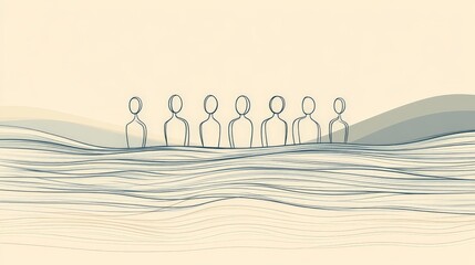 Wall Mural - Minimalist line drawing of figures walking across wavy lines symbolizing journey teamwork and persistence in a simple and conceptual beige composition