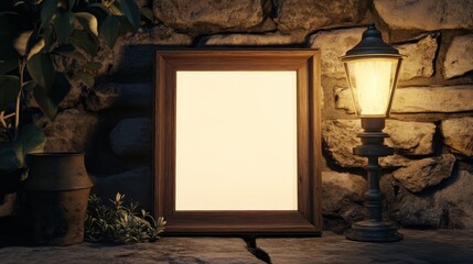 Poster - Illuminated Wooden Frame Against Stone Wall