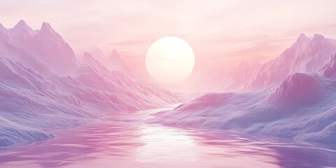 Poster - A serene landscape featuring snowy mountains and a soft sunset over a tranquil river.