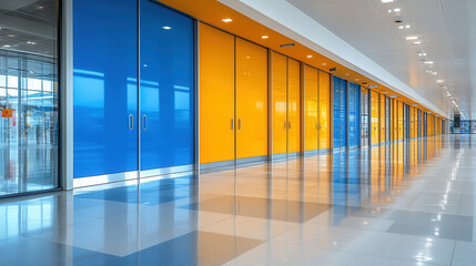  Bright blue and orange sliding doors in modern hallway create vibrant atmosphere. polished floor reflects colors, enhancing contemporary design