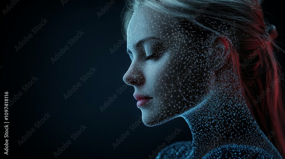 Profile of a woman with glowing digital particles mapping her face in ...