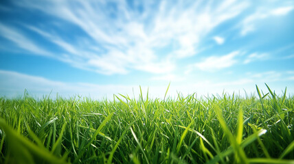 Bright green grass under a clear blue sky with scattered clouds