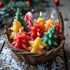 Wall Mural - Colorful christmas tree candles in a basket surrounded by snow and ornaments, photography of still life concept.