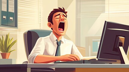Poster - A Sleepy Office Worker Yawning at His Computer