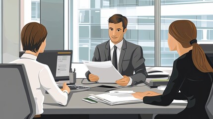 Poster - Businesspeople in a Meeting Around a Table with Documents and a Computer