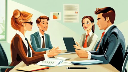 Poster - Four Business Professionals Having a Meeting Around a Table