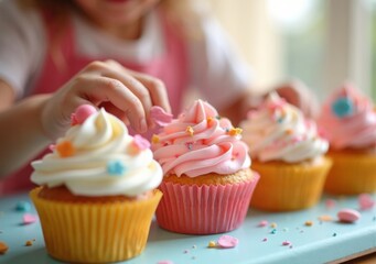 Decorating colorful cupcakes with sprinkles in a bright kitchen setting