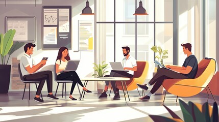 Poster - Four People Working On Laptops In A Modern Office