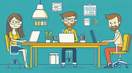 Poster - Three Cartoon Characters Working at a Desk with Laptops