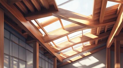 Modern wooden ceiling with skylights and natural light.