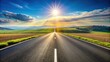 © Vibrant Visions Pixe - Asphalt road stretching towards a vibrant sunset over rolling green hills and a sunburst sky