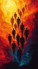 Poster - Silhouetted Figures Walking Through Abstract Flames and Colors