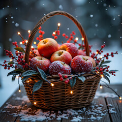 A cozy basket of frosty apples amidst winter s soft snowfall, photography of still life concept.