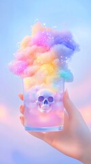 Poster - Ethereal Colorful Clouds with Skull in Glass Against Soft Background