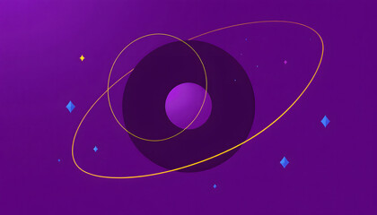 Poster - Abstract design with vibrant purple and pink spheres, glowing stars, and neon orbital lines on a soft pink background. Futuristic and minimalistic look.