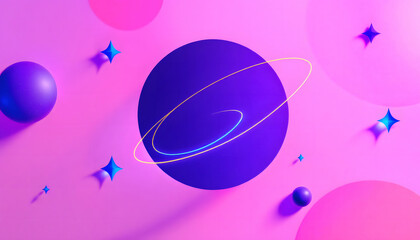 Poster - Abstract design with vibrant purple and pink spheres, glowing stars, and neon orbital lines on a soft pink background. Futuristic and minimalistic look.