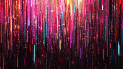 Poster - Streams of pixelated data pouring down in vertical lines, illuminated in neon hues for a tech-inspired rain effect