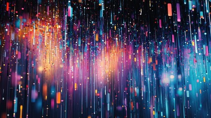 Poster - Streams of pixelated data pouring down in vertical lines, illuminated in neon hues for a tech-inspired rain effect