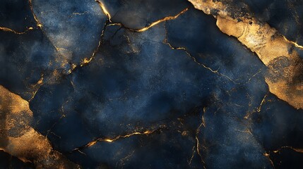 Poster - A dark blue and gold marbled texture with cracks, suitable for backgrounds or design elements.