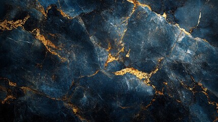 Poster - A textured dark blue marble background with golden veins, ideal for design and decoration.