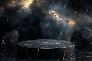 a dark, cosmic scene featuring a circular stone platform surrounded by rocks, set against a starry, 
