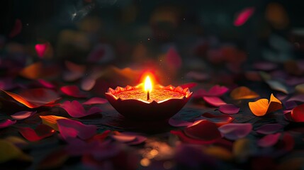 Canvas Print - A Single Candle Burning Brightly Amidst Scattered Petals