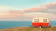 © Naree - A vintage caravan overlooks a serene ocean, set against a pastel sky, embodying tranquility and adventure by the coast.